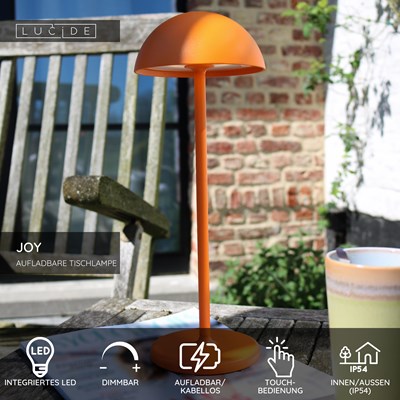 Lucide JOY - wiederaufladbare Tischlampe Innen/Außen - Akku/Batterie - Ø 12 cm - LED Dim. - 1x1,5W 3000K - IP54 - Orange